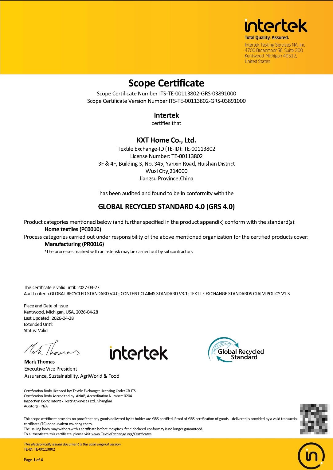 Intertek scope certificate