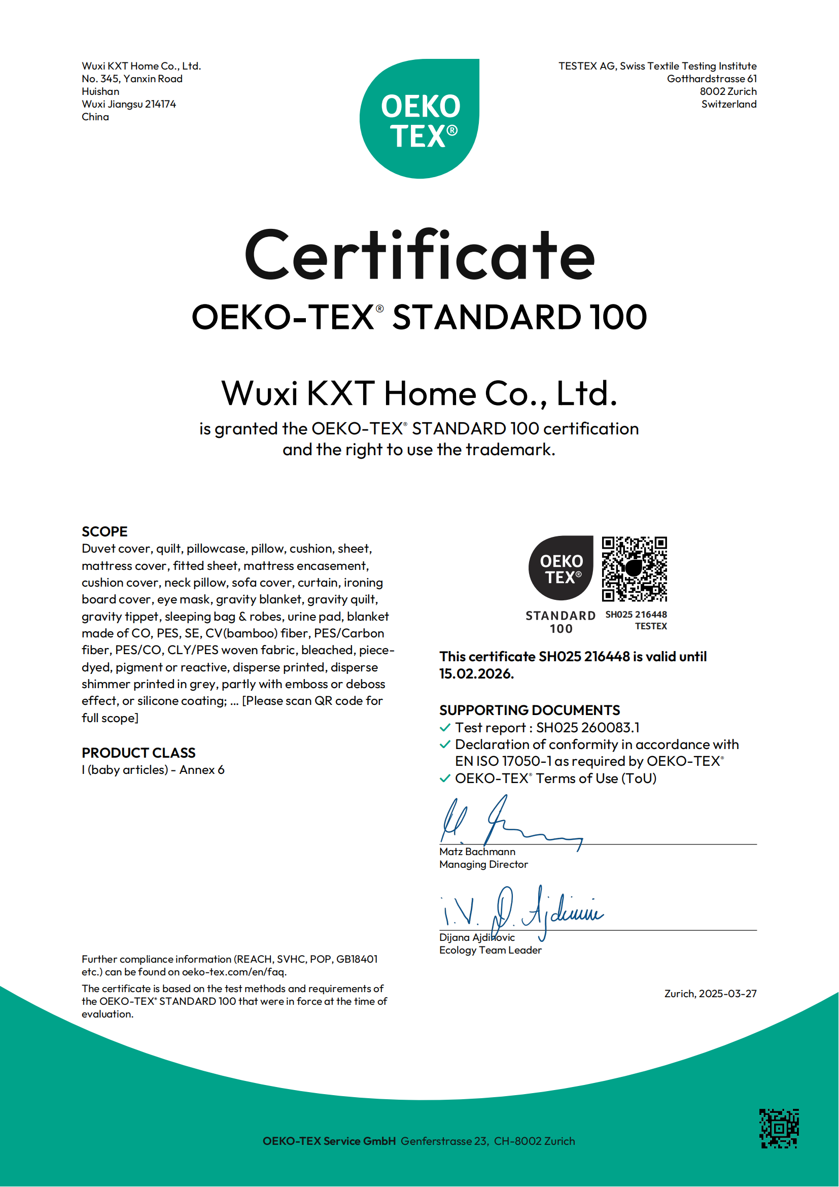 OEKO-TEX Standard 100 certificate