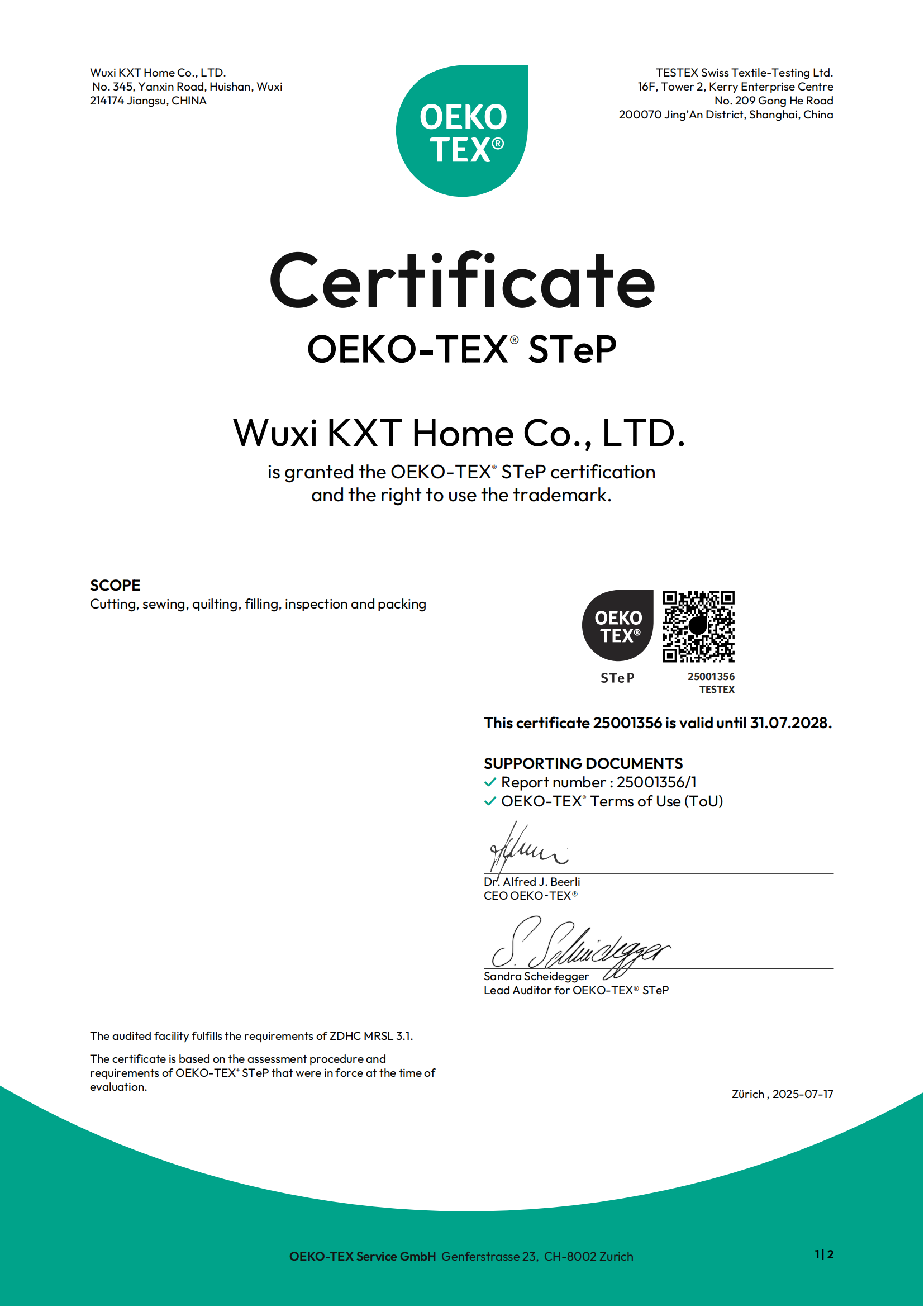 OEKO-TEX STeP certificate